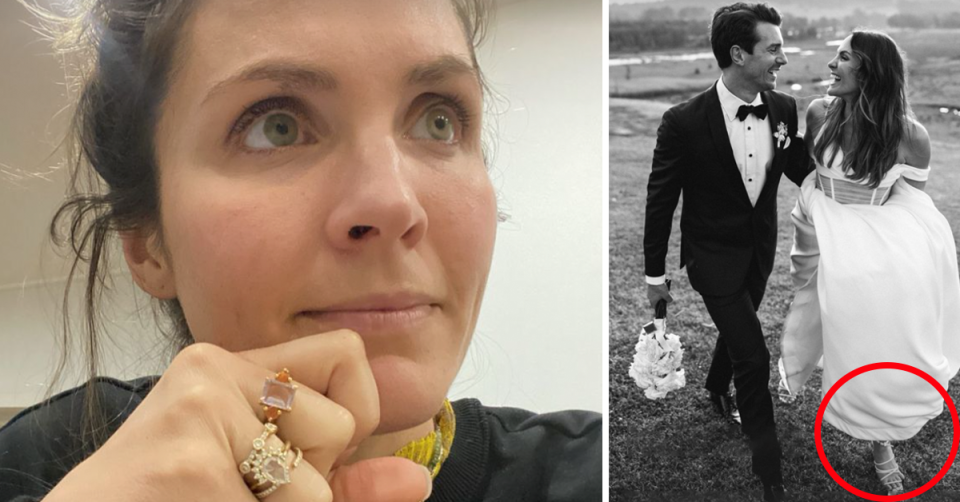 Laura Byrne looks startled (left) while she and Matty J smile at each other on their wedding day (right). 