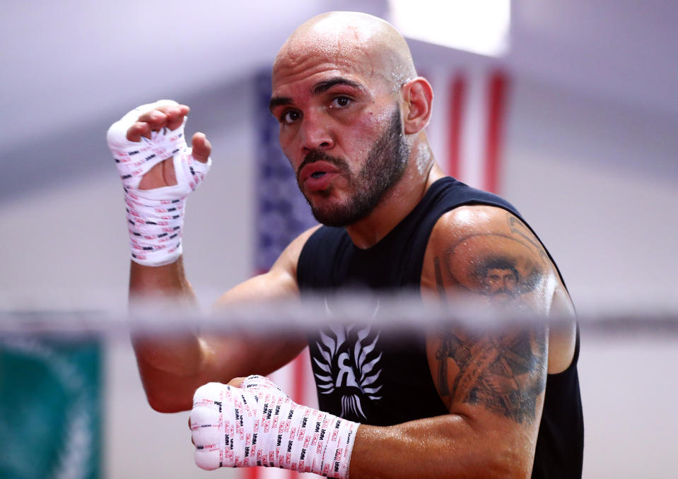 WBO lightweight champion Raymundo Beltran works out prior to his Saturday title defense in Glendale, Arizona, against Jose Pedraza. (Mikey Williams/Top Rank)