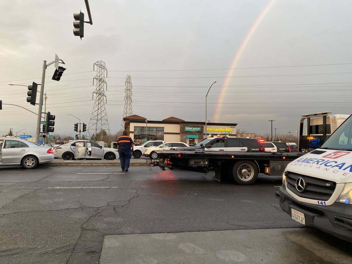 A rainbow appears near the scene of a two-vehicle collision on Shaw and Brawley avenues on Thursday, Jan. 5, 2023.