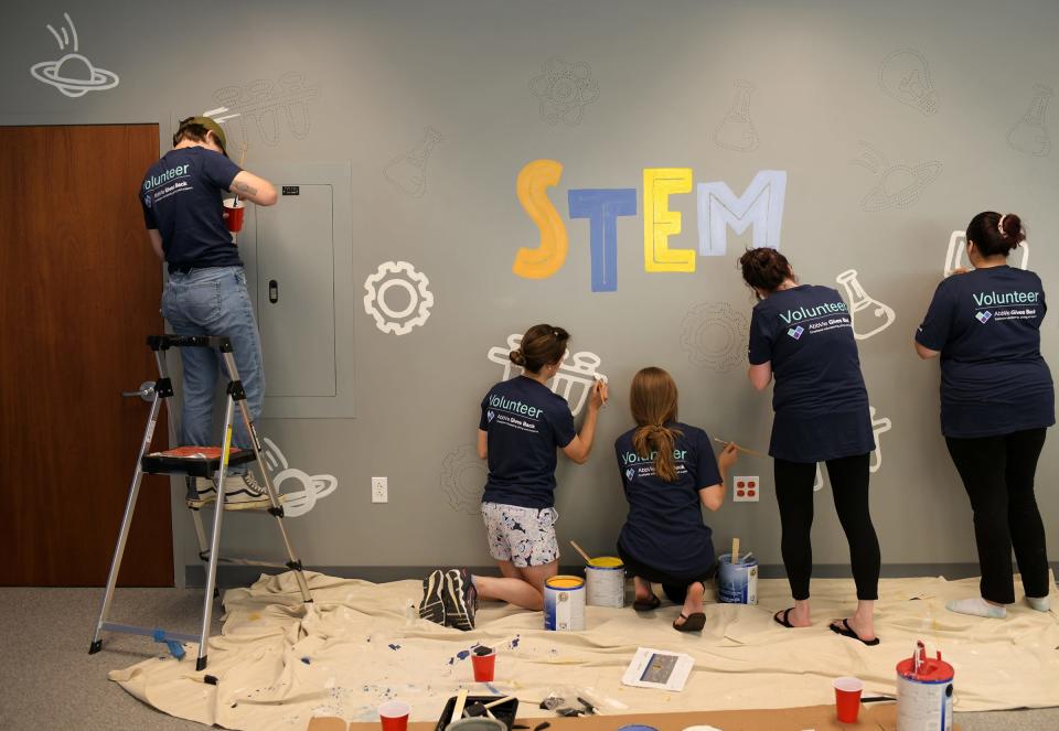 Volunteers paint the walls of the STEM lab. About 150 AbbVie volunteers from the Worcester facility showed up at Forest Grove Middle School to work on a greenhouse and enhance the STEM lab. The group was volunteering to help develop an immersive, large-scale STEM lab on the school’s campus Wednesday.