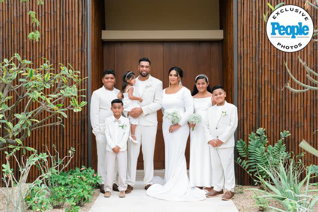 <p>MC Weddings</p> Tony Finau (center left) and Alayna Finau with their children at their vow renewal in Los Cabos in November 2023