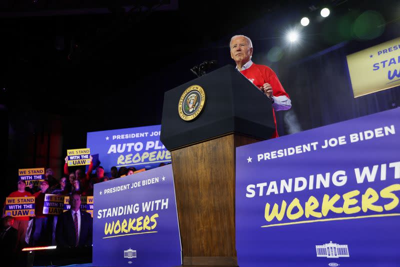 U.S. President Biden delivers remarks to UAW union members in Belvidere, Illinois