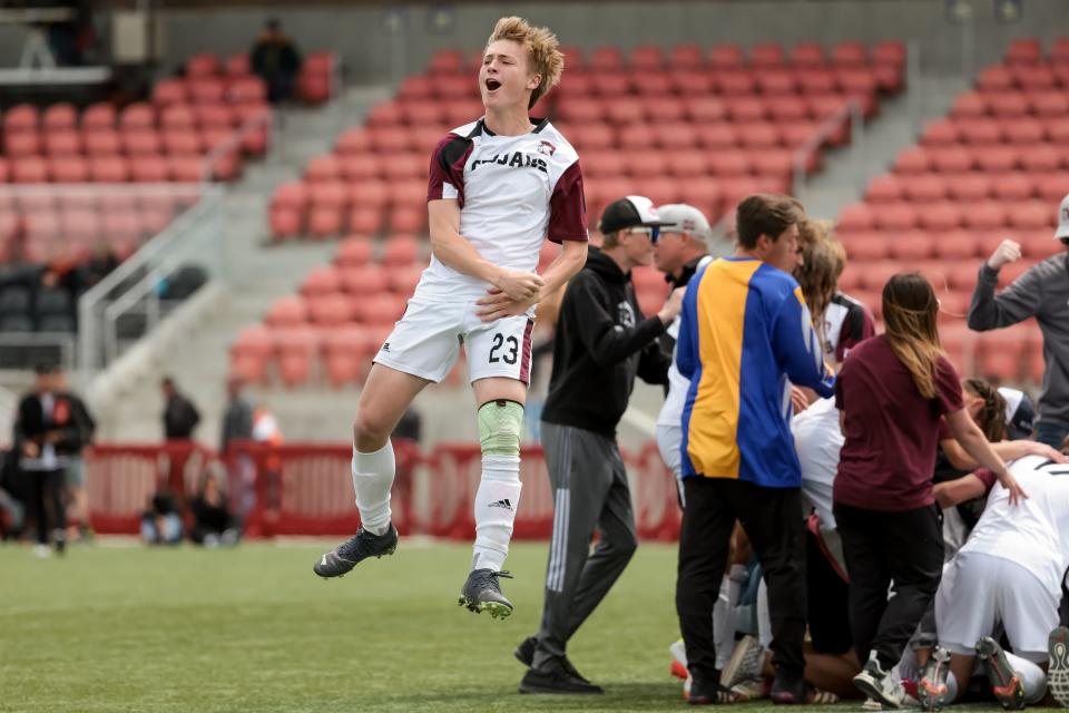 Morgan’s Jett Beckstrom and teammates celebrate after beating Ogden in penalty kicks in a 3A boys soccer state semifinal at Zions Bank Stadium in Herriman on Wednesday, May 10, 2023. | Spenser Heaps, Deseret News