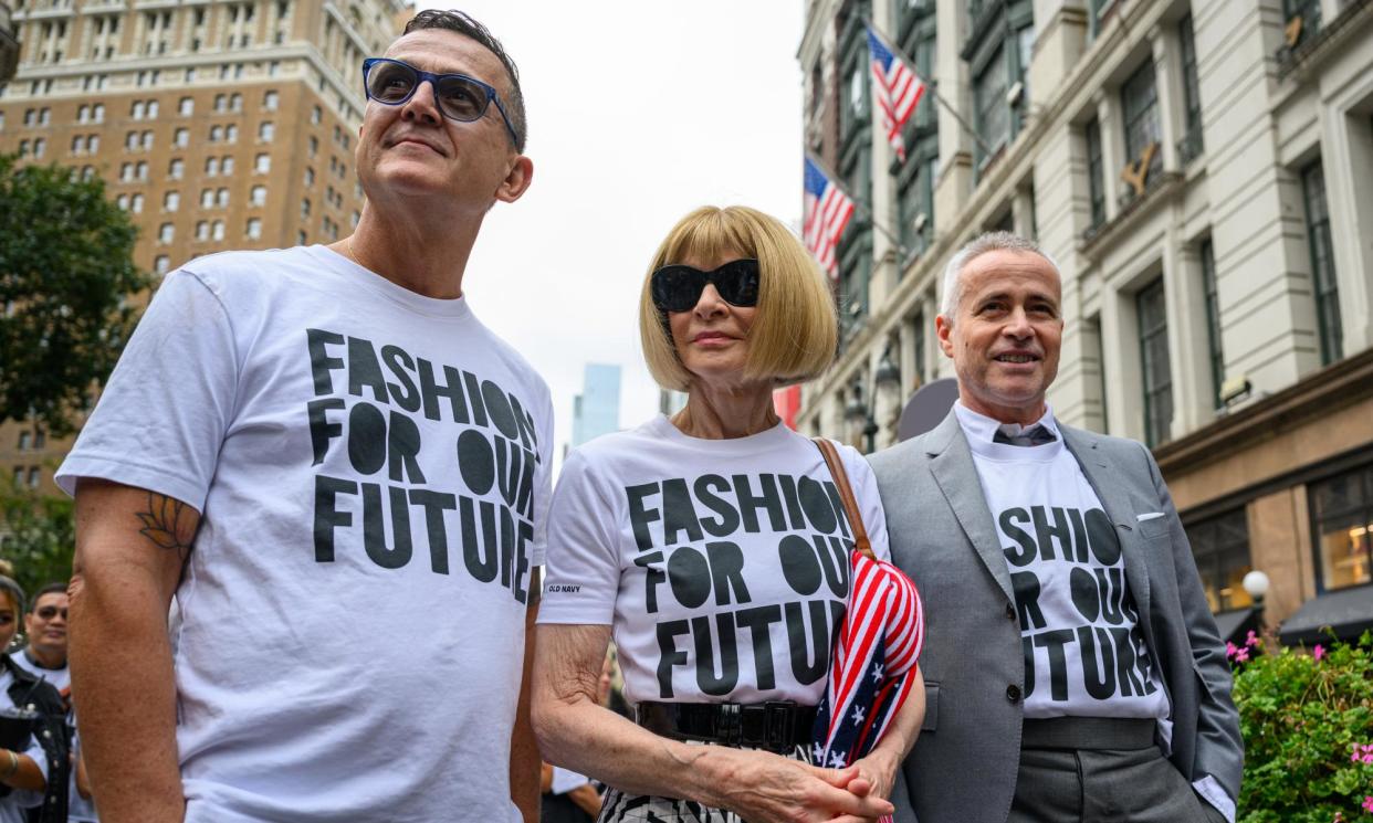 <span>Steven Kolb, CEO of the Council of Fashion Designers of America, with Anna Wintour and American fashion designer Thom Browne at the Fashion for Our Future march in New York.</span><span>Photograph: Alexi Rosenfeld/Getty Images</span>