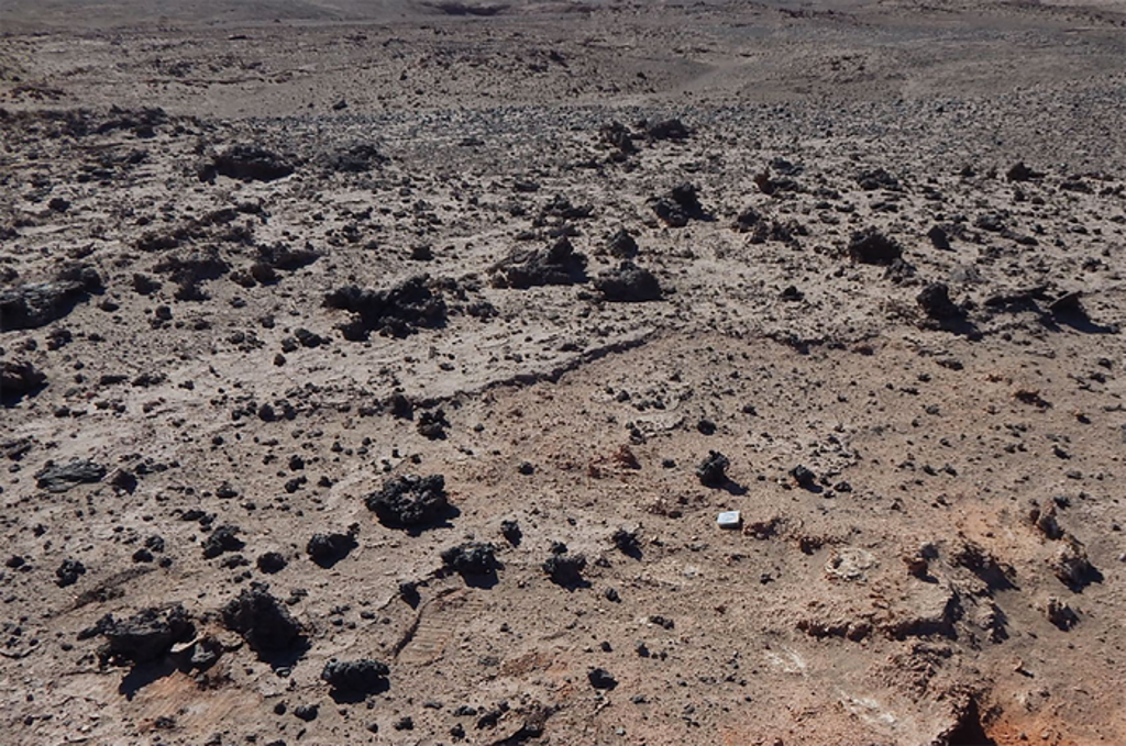 Deposits of dark silicate glass are strewn across a 75km corridor in the Atacama Desert in northern Chile (P.H. Schultz/Brown University)