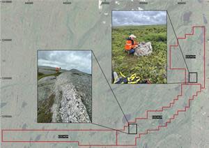 Figure 3: Two zones of pegmatite occurrences discovered during initial exploration program.