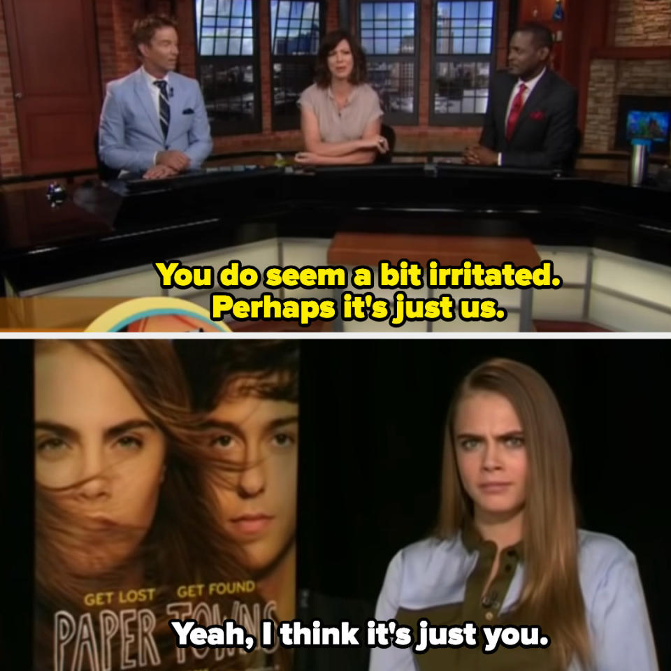 hosts saying that cara seems a bit irritated but maybe it's just them and cara respondes, yeah i think it's just you