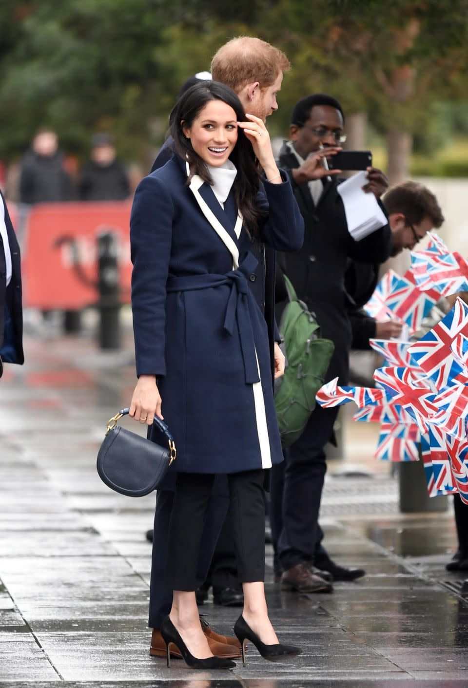 Meghan Markle's gorgeous navy and white coat from J. Crew has already sold out, but there was a little glitch some of us didn't notice at first. Source: Getty Images