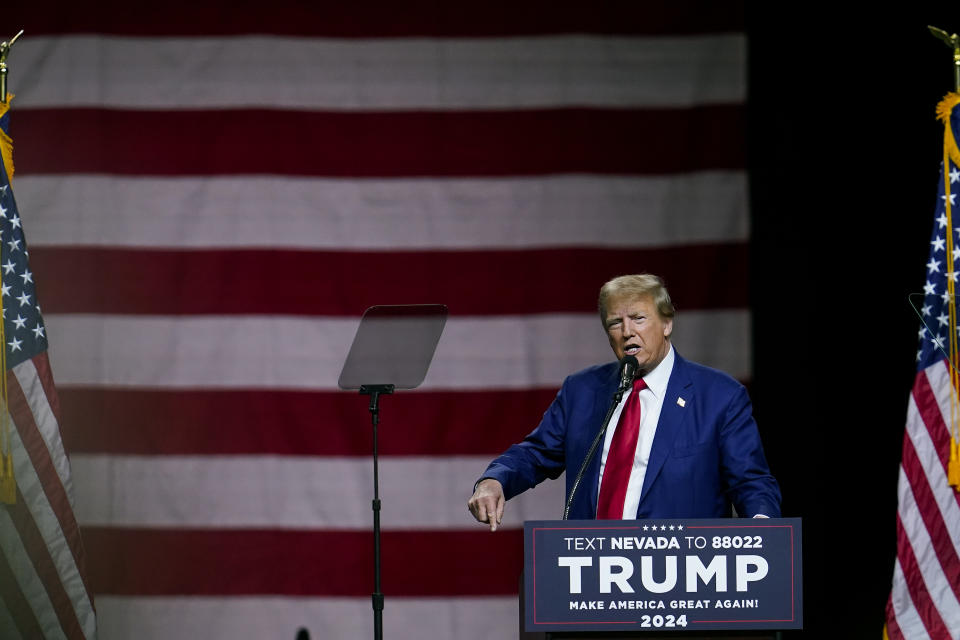 Former President Donald Trump speaks during a rally Sunday, Dec. 17, 2023, in Reno, Nev. (AP Photo/Godofredo A. Vásquez)