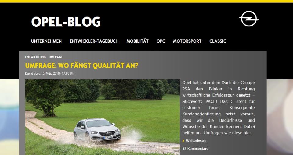 <p>Der Opel-Blog ist ein Fest für Auto-Liebhaber. Hier wird über alles referiert, was vier Räder, einen Motor hat und aus dem Hause Opel stammt. Das Design fügt sich dabei ist das Corporate Design ein: Werbung und Blog kommen in einer identischen Aufmachung daher. (Foto: http://www.opel-blog.com/) </p>