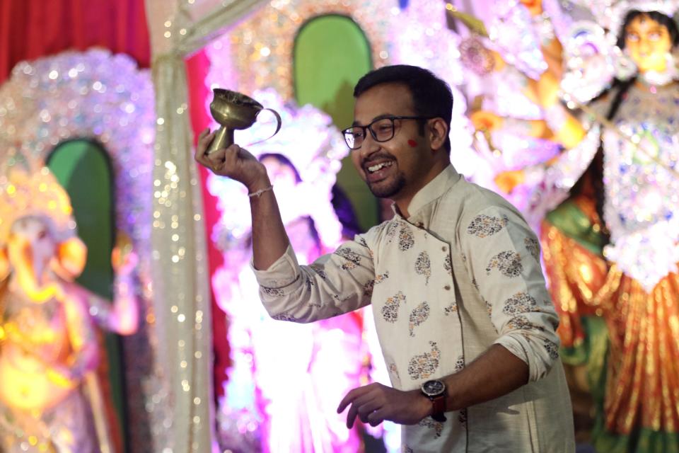 Prasenjit Maity, of Piscataway, performs a dhunuchi dance,  during Sharadotsav 2022, in Bergenfield. The dance is   performed to thank Goddess Durga.  Sunday, October 2, 2022