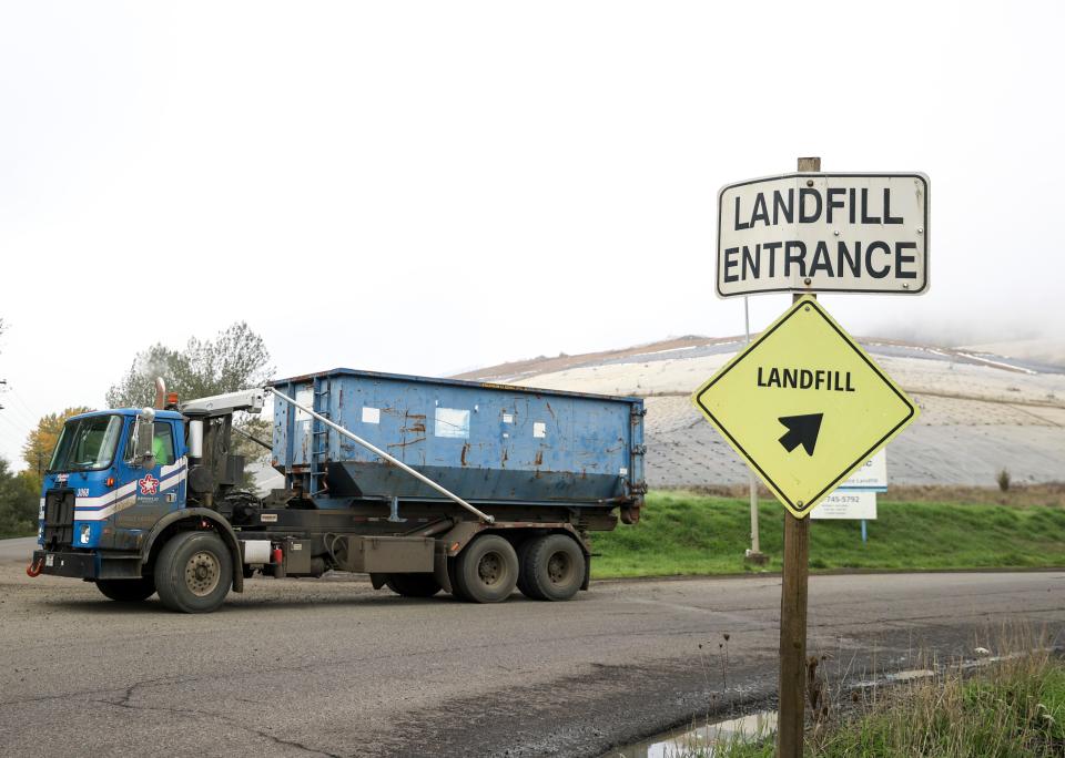 A truck leaves Coffin Butte Landfill.