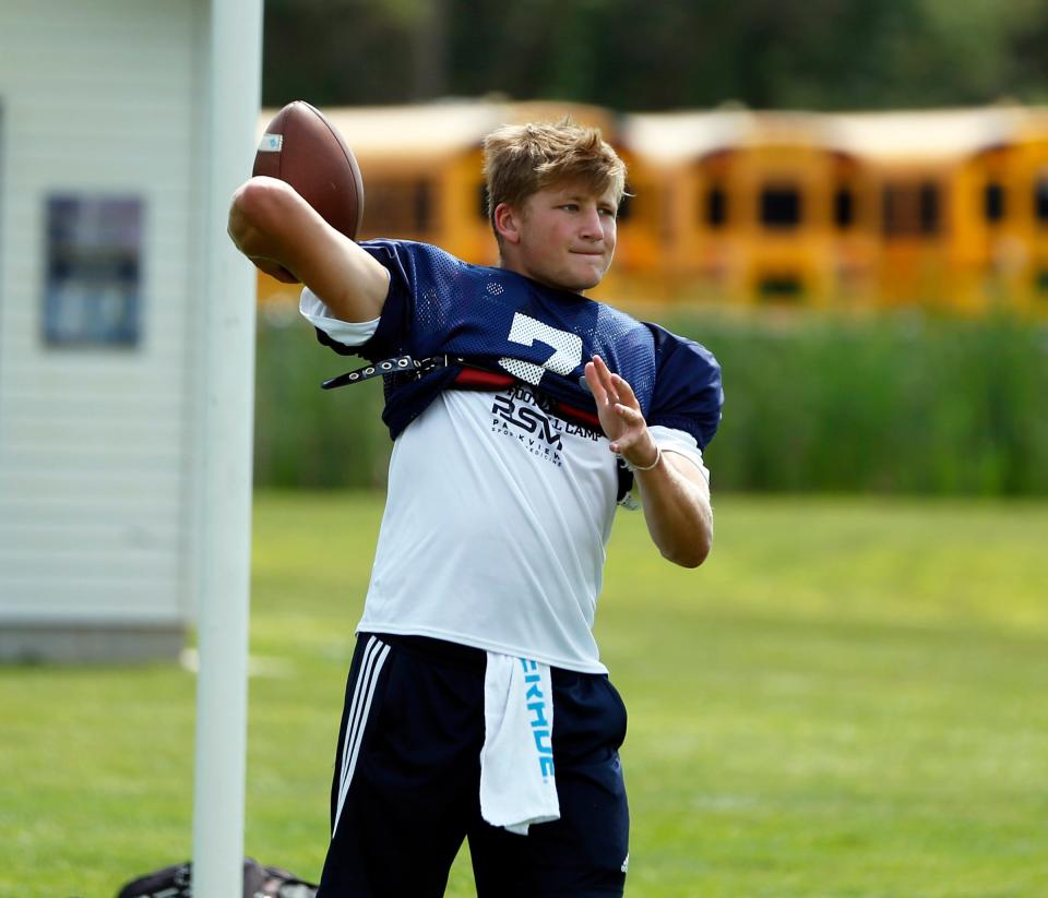 New Prairie senior Marshall Kmiecik warms up before practice Tuesday, August 1, 2023, at New Prairie High School in New Carlisle.