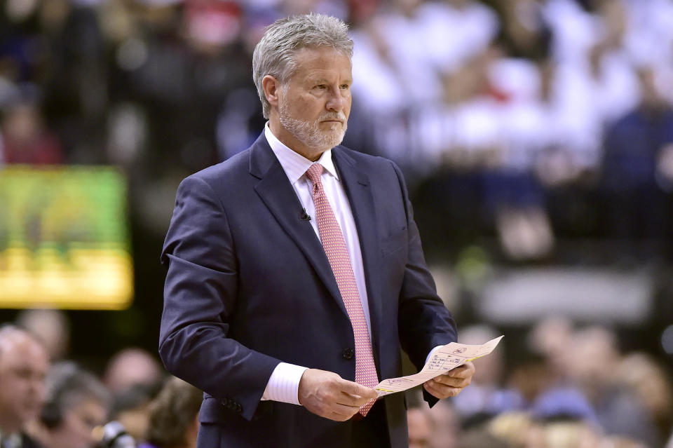 Philadelphia 76ers head coach Brett Brown looks on from courtside during the first half of Game 1 of a second-round NBA basketball playoff series against the Toronto Raptors in Toronto, Saturday, April 27, 2019. (Frank Gunn/The Canadian Press via AP)