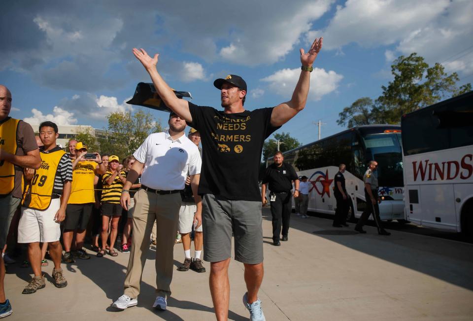Former Iowa Hawkeyes and Minnesota Vikings linebacker Chad Greenway greets fans and players prior to kickoff against Penn State on Saturday, Sept. 23, 2017, at Kinnick Stadium in Iowa City.