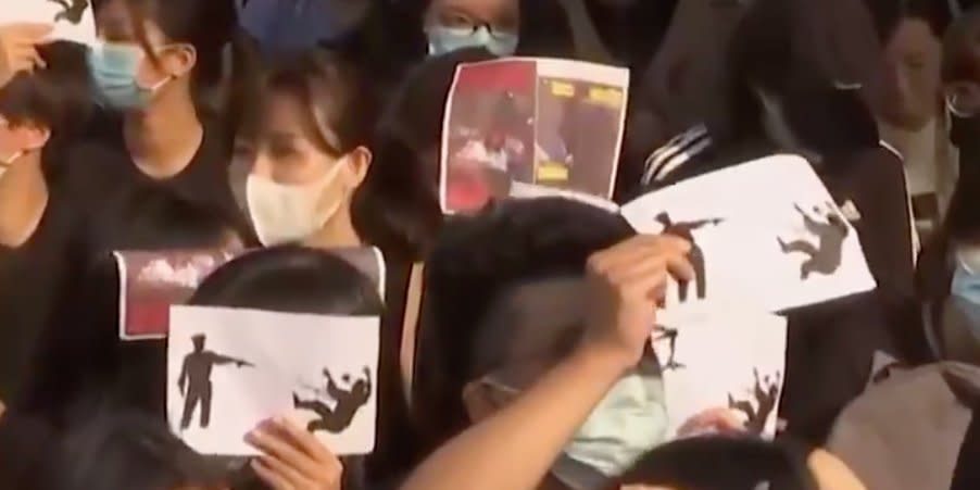 Students stage a sit-in outside Tsuen Wan Public Ho Chuen Yiu Memorial College. hong kong