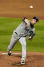 Seattle Mariners starting pitcher Chris Flexen throws during the second inning of a baseball game against the Kansas City Royals Friday, Sept. 17, 2021, in Kansas City, Mo. (AP Photo/Charlie Riedel)