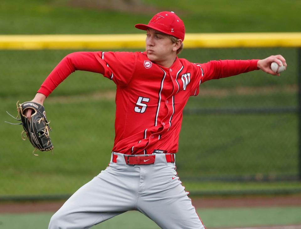 John Allen of Wadsworth pitches against Stow during a regular season baseball game at the University of Akron earlier this season. Allen pitched a no-hitter to lead the Grizzlies to a win over the Bulldogs.