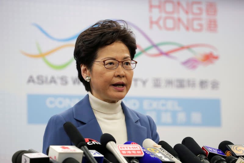 Hong Kong Chief Executive Carrie Lam speaks at a news conference in Beijing