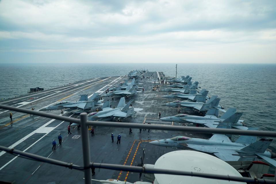 North Sea, Denmark 20230522.The world's largest warship, the American aircraft carrier USS Gerald R. Ford, in the North Sea off Denmark on Monday. Photo: Haakon Mosvold Larsen / NTB