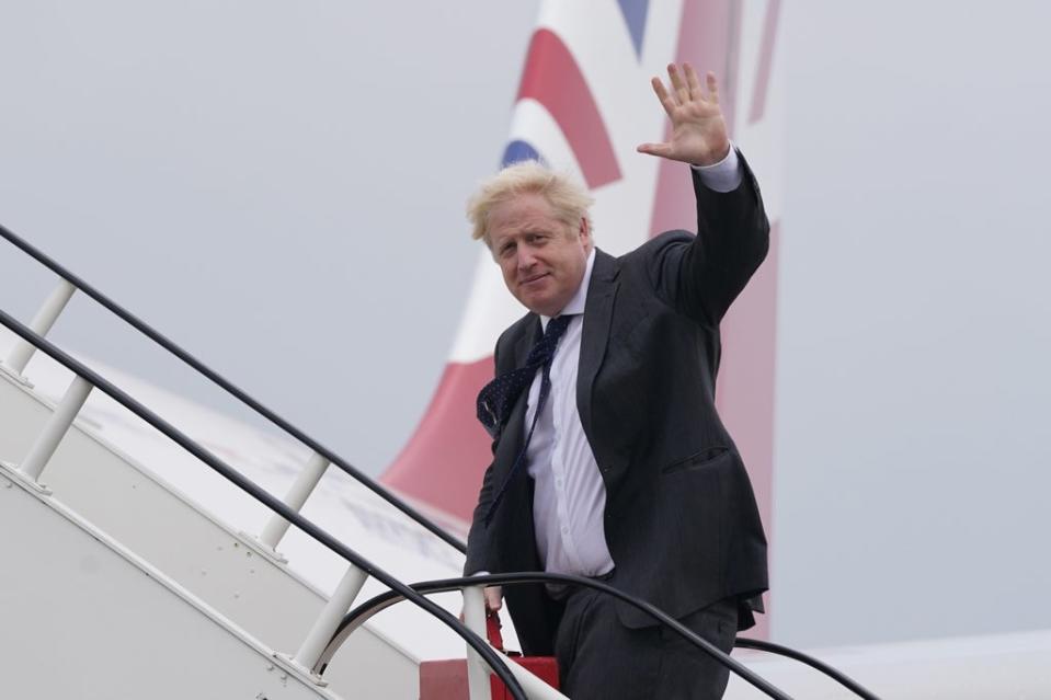 Prime Minister Boris Johnson boards RAF Voyager at Stansted Airport ahead of a meeting with US President Joe Biden in Washington (PA Wire)