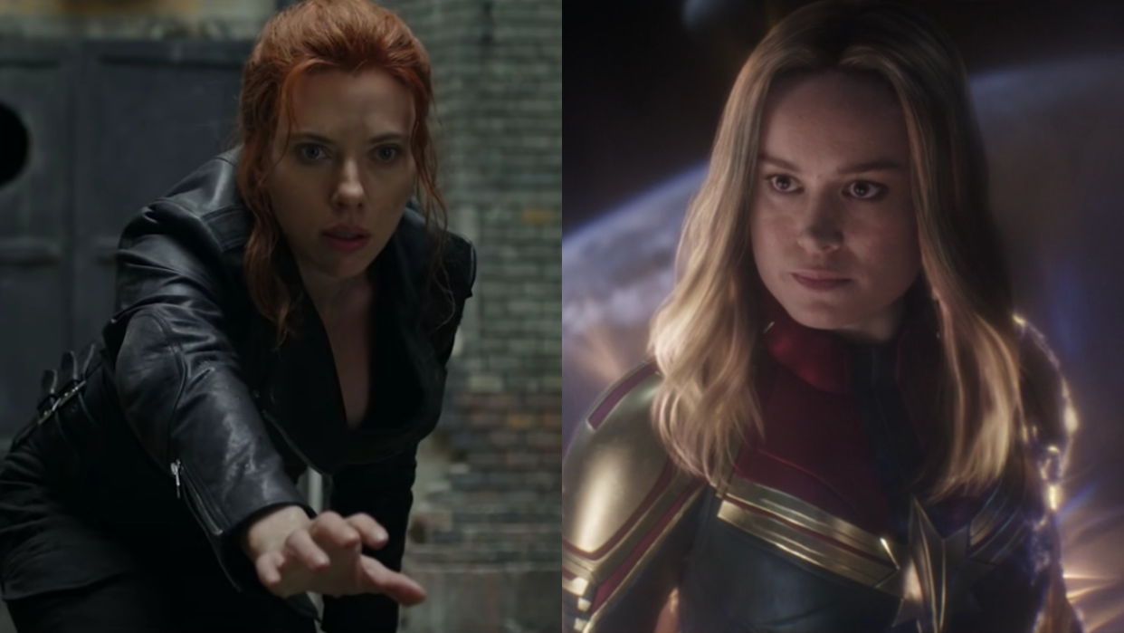  A side-by-side picture of Scarlett Johansson as Black Widow and Brie Larson as Captain Marvel. 