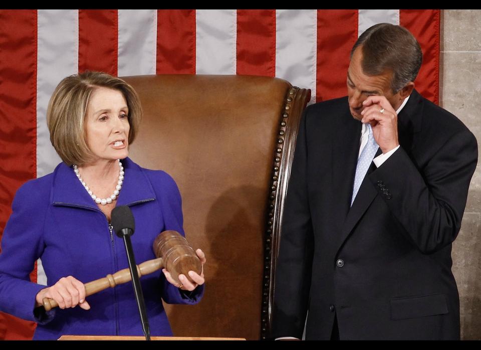 Speaker of the House John Boehner (R-Ohio) wipes his eyes as outgoing Speaker of the House Nancy Pelosi (D-Calif.) prepares to hand over over the speaker's gavel following his election in the House chamber January 5, 2011 in Washington, DC.