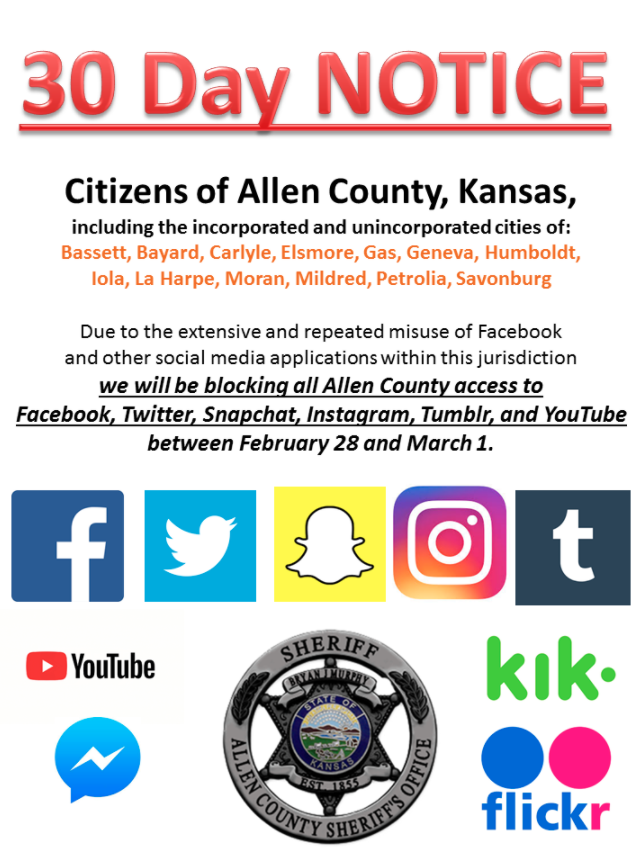 “Due to the extensive and repeated misuse of Facebook and other social media applications within this jurisdiction we will be blocking all Allen County access to Facebook, Twitter, Snapchat, Instagram, Tumblr and YouTube between February 28 and March 1,” the post read. Photo: Facebook/Allen County Sheriff’s Office