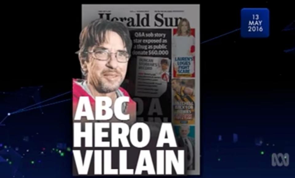 Melbourne's Herald Sun's front page splash on Duncan Storrar as it appeared on Media Watch in 2016 ahead of the federal election. 