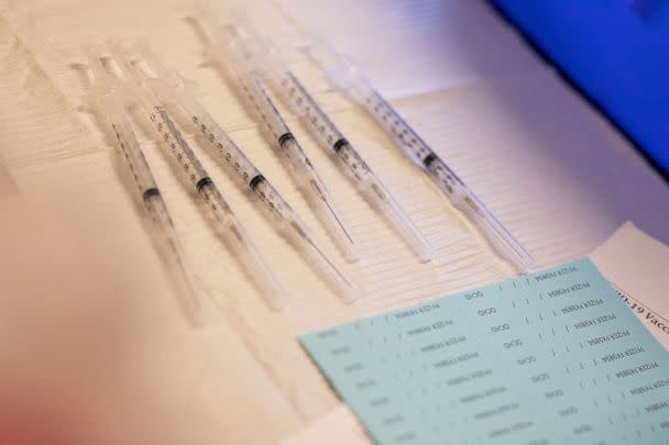 PHOTO: In this April 8, 2022, file photo, syringes ready to be administered to residents who are eligible to receive their second booster shots of the COVID-19 vaccines are seen in Waterford, Mich. (Emily Elconin/Reuters, FILE)