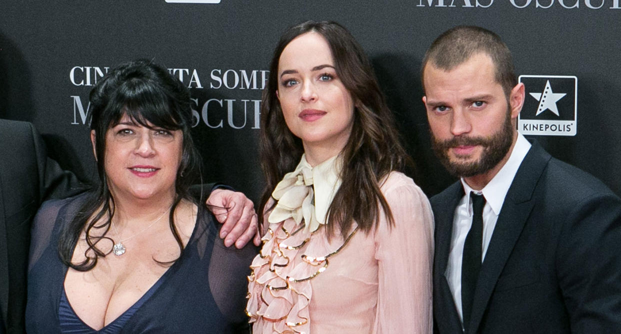 E.L. James, Dakota Johnson and Jamie Dornan attend the 'Fifty Shades Darker' premiere in Madrid, Spain, 2017 (Pablo Cuadra/WireImage)