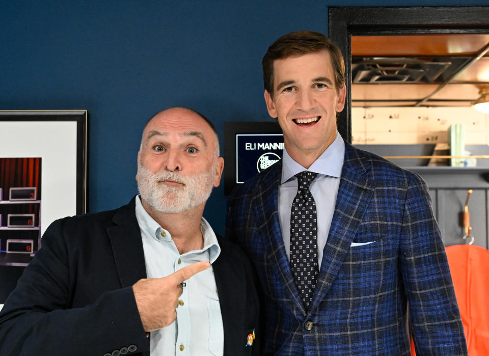 <p>Chef José Andrés and former football player Eli Manning share a moment backstage at <em>The Tonight Show Starring Jimmy Fallon </em>in N.Y.C. on Sept. 21. </p>