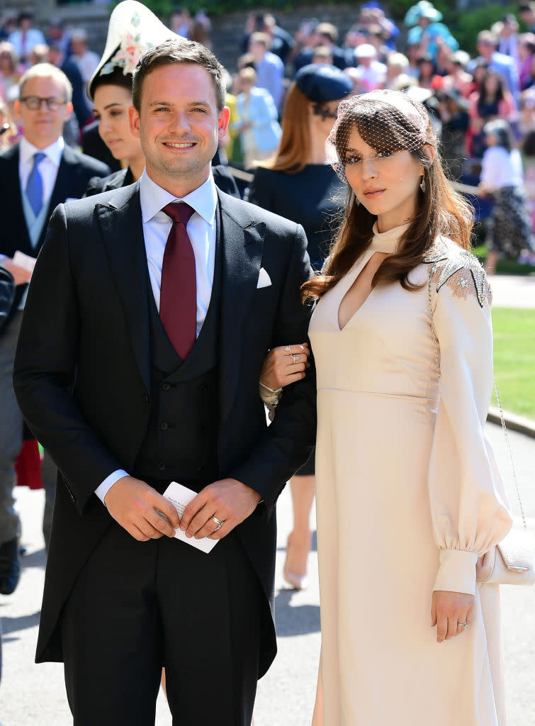 Patrick J. Adams and wife Troian Bellisario arrive at the wedding of Meghan Markle and Prince Harry. (Photo: Ian West/PA Wire)