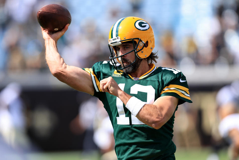 Aaron Rodgers of the Green Bay Packers warms up prior to a game against the New Orleans Saints on Sept. 12. (Sam Greenwood/Getty Images)