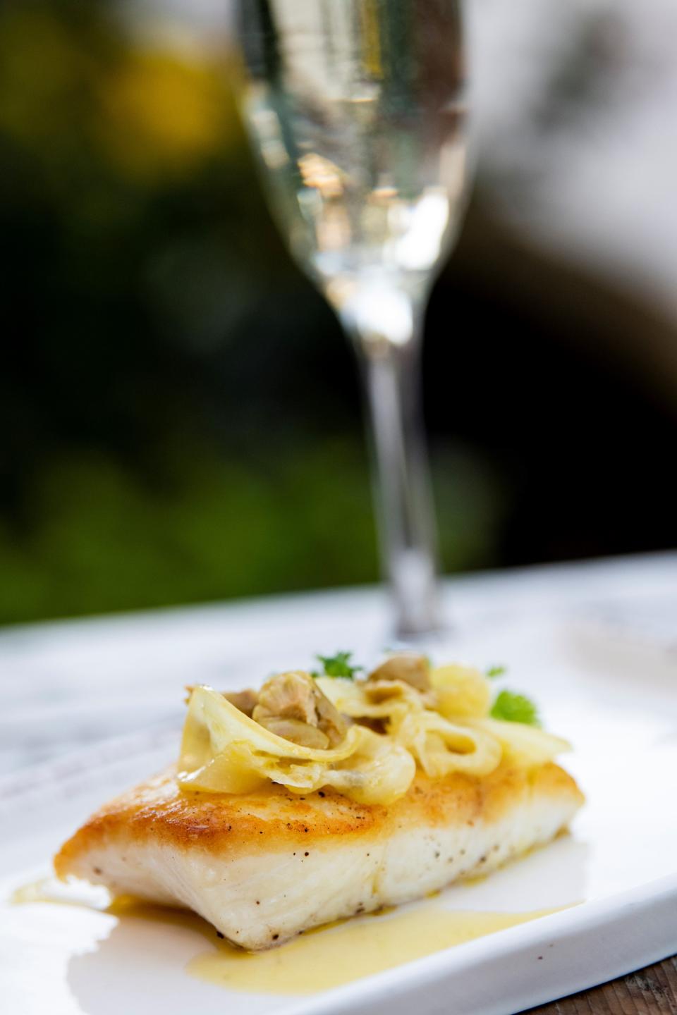 Butter Crusted Halibut with Meyer Lemon Confit and Manzanilla Olives at Fancy's Fish House in downtown Memphis, TN.