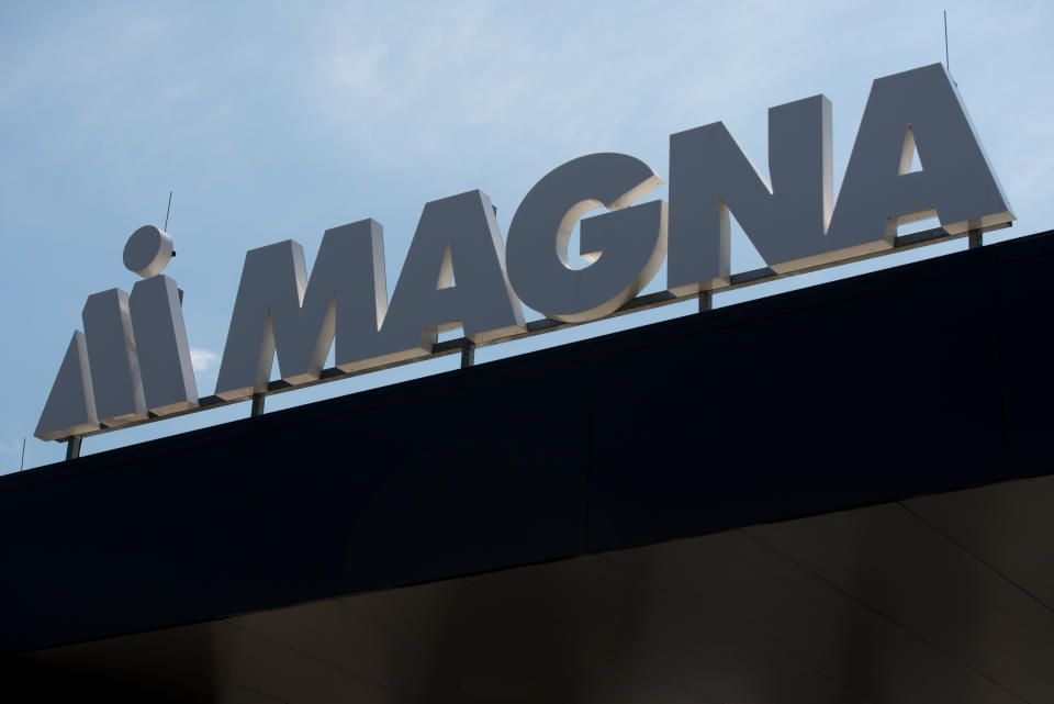 HOCE, SLOVENIA - 2019/07/10: Magna Steyr company logo is pictured at paint shop plant in Hoce.  Magna Steyr launch new paint shop plant in Hoce, Slovenia. Magna is one of the worlds largest automotive suppliers. New plant employs 200 people and at this stage they are painting Jaguar E-Space X540 bodies. (Photo by Milos Vujinovic/SOPA Images/LightRocket via Getty Images)