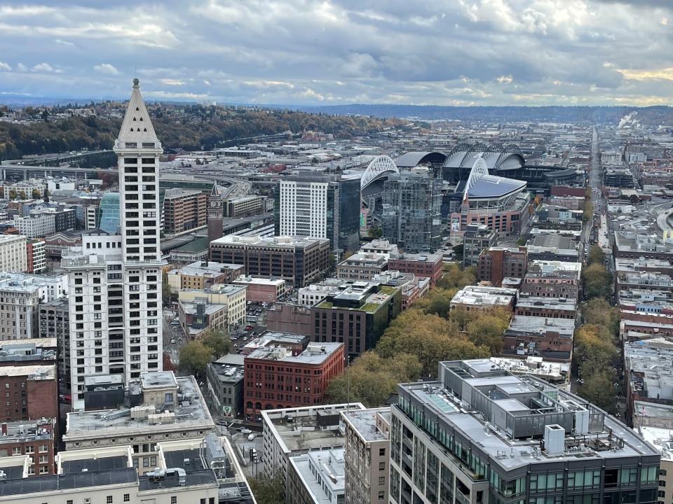 The view of South Seattle from the 33rd floor of the DocuSign Tower.