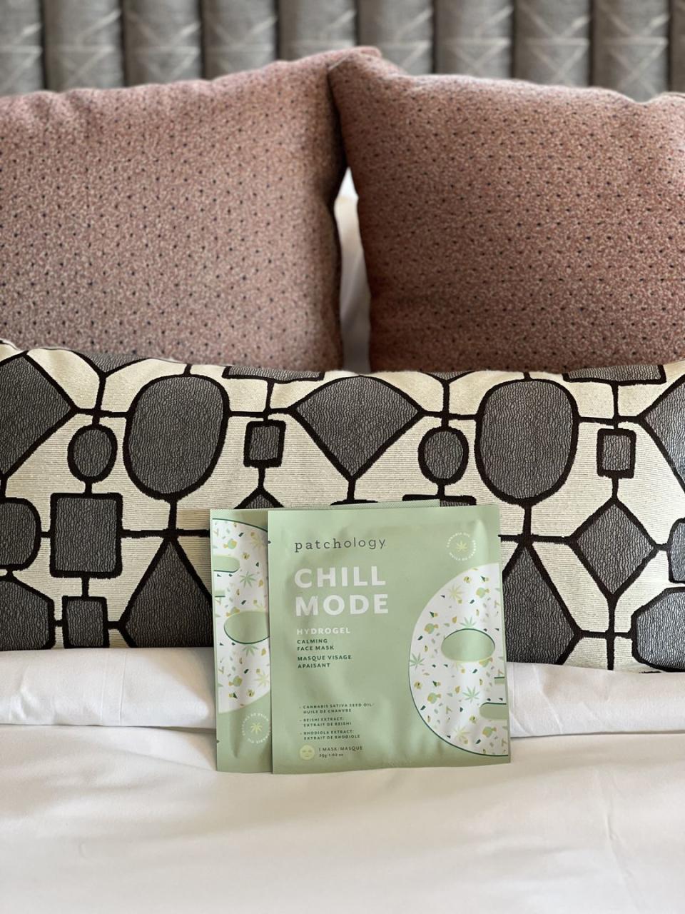 patchology chill mode face masks sitting on bed at orli la jolla hotel