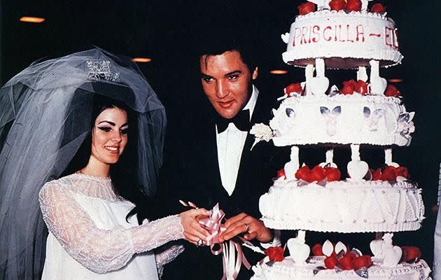 Elvis and Priscilla Presley's 1970s cake was a six-tier affair with all the piping you could possibly want. Photo: Getty images