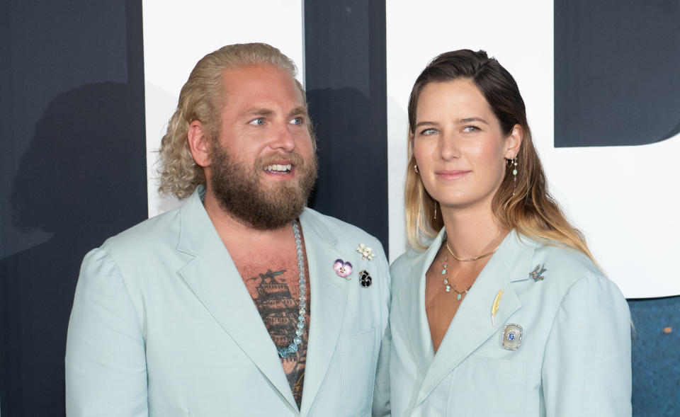 Jonah Hill and Sarah Brady at the World Premiere Of Netflix's "Don't Look Up" at Jazz at Lincoln Center on December 05, 2021 in New York City. 