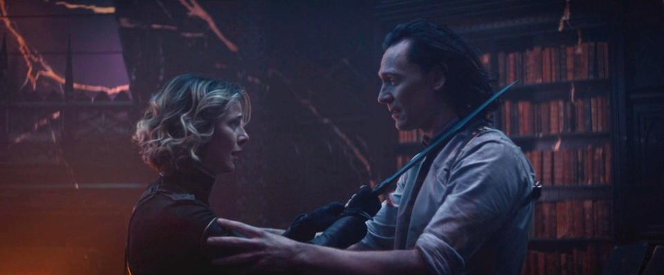 Sophia Di Martino as Sylvie and Tom Hiddleston as Loki on the season one finale of "Loki."