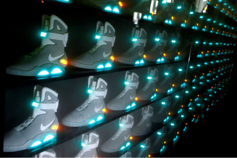 NIKE MAG shoes are displayed during its unveiling at The Montalban Theatre in Hollywood, California. REUTERS/Danny Moloshok/File Photo