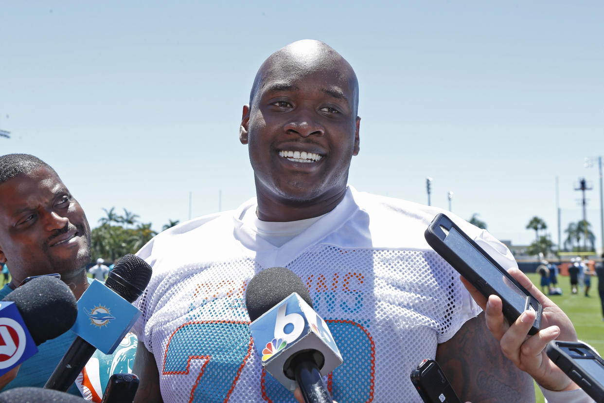 A Thursday report says Miami Dolphins players would "revolt" if the team traded OT Laremy Tunsil. (Getty Images) 