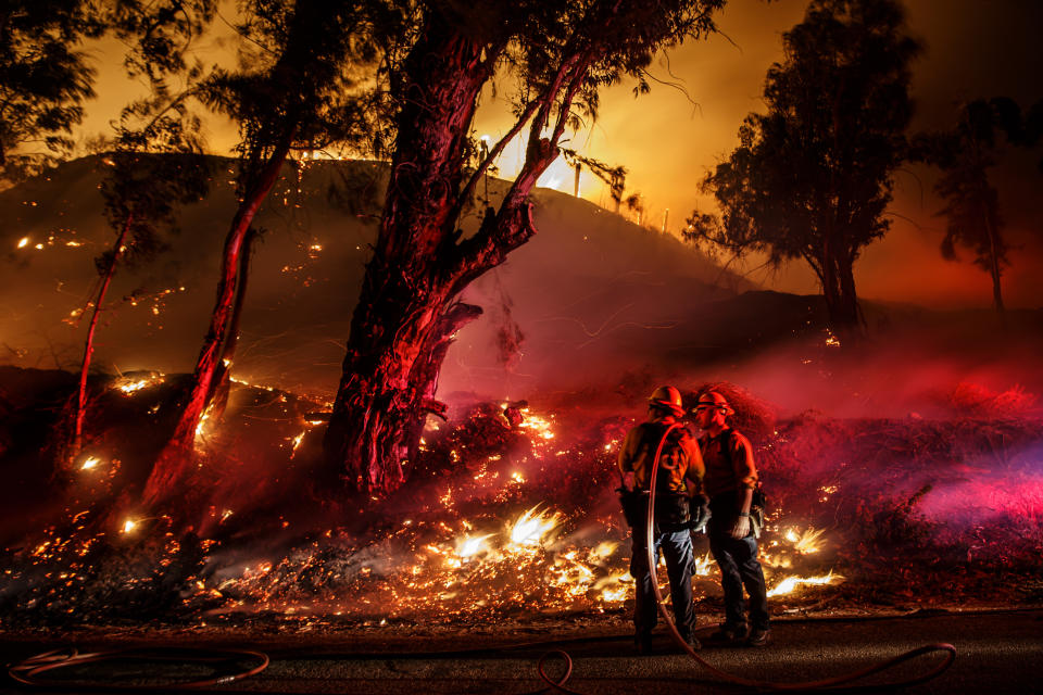 SANTA PAULA, CALIF. -- FRIDAY, NOVEMBER 1, 2019: Firefighters monitor a back burn as they work to control the spread of the Maria Fire in Santa Paula, Calif., on Nov. 1, 2019. (Photo by Marcus Yam/Los Angeles Times via Getty Images)