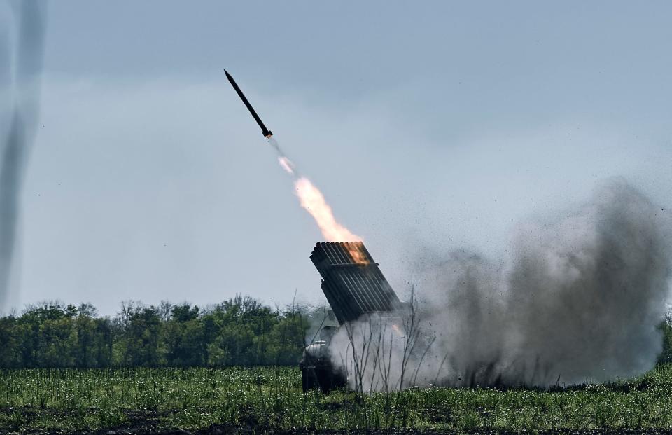 Ukrainian army Grad multiple rocket launcher fires rockets at Russian positions in the frontline near Bakhmut, Donetsk region, Ukraine, Wednesday, May 3, 2023.