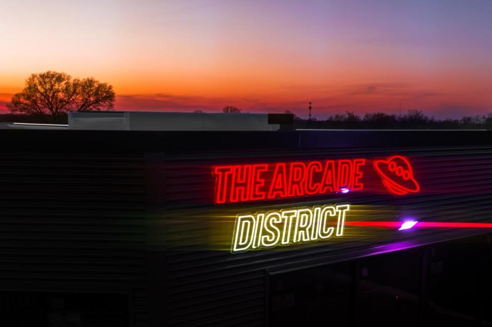 A nighttime view of The Arcade District in Columbia