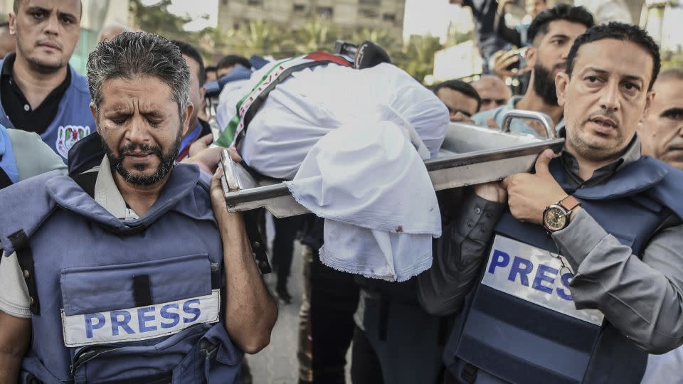 A funeral ceremony is held for Palestine TV correspondent Mohammed Abu Hatab, was killed, along with his family members, in an airstrike on his home in Khan Yunis, Gaza on November 03, 2023. - Abed Zagout/Anadolu/Getty Images