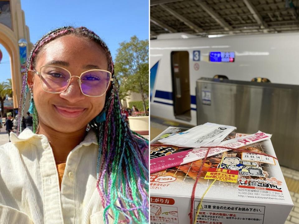 The author in Japan (L) and taking ramen on the bullet train from Osaka (R).