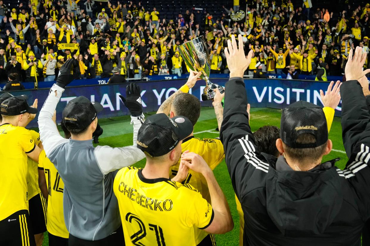 Dec 2, 2023; Cincinnati, Ohio, USA; The Columbus Crew celebrate after their 3-2 extra time win over FC Cincinnati in the MLS Cup Eastern Conference Finals at TQL Stadium.