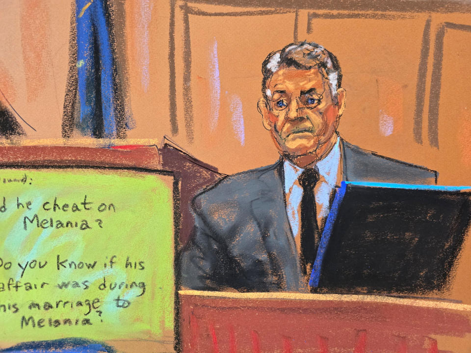 A courtroom sketch of lawyer Keith Davidson testifying during Trump's criminal hush money trial on Tuesday.